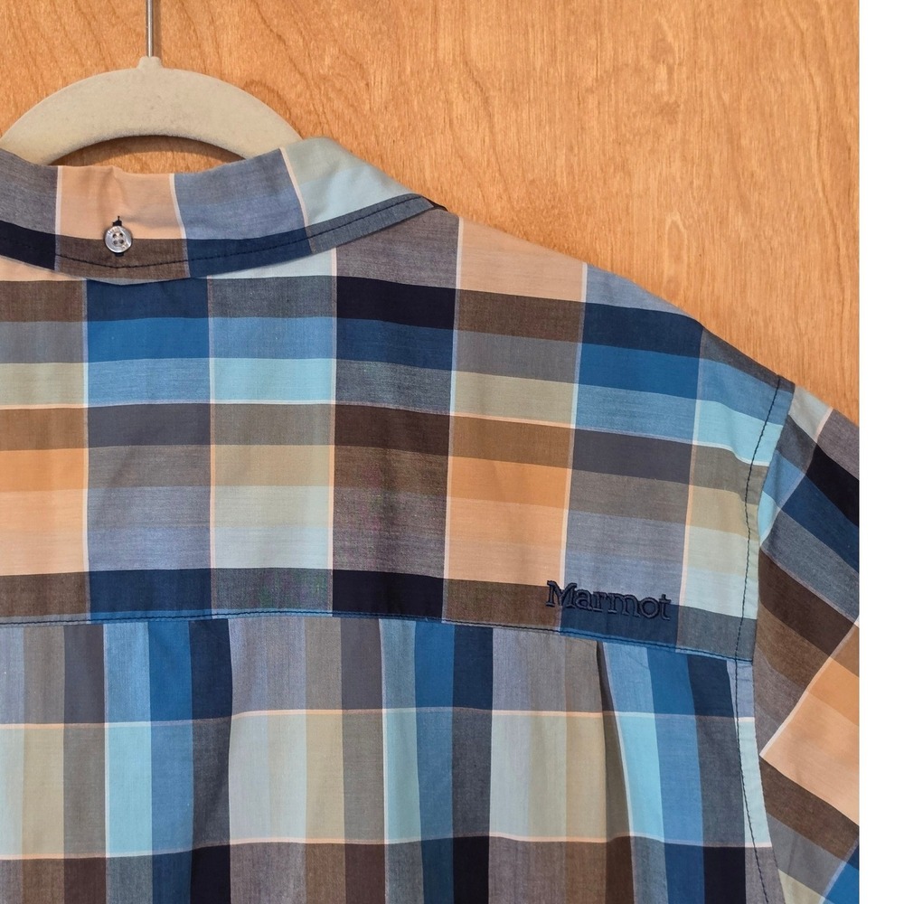 Marmot Mens XL Blue Tan Plaid Short Sleeve Button Down Shirt Outdoor Cotton - Picture 6 of 8